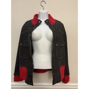 Black Denim Jacket Women's Sze Large Red Ribbed Knit Hem Collar Cuff Button Down